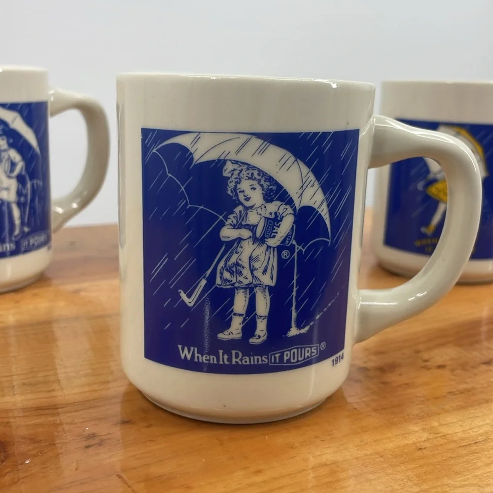 Vintage Morton Salt Girl Mug When It Rains It Pours Collectible Mugs Set of 4